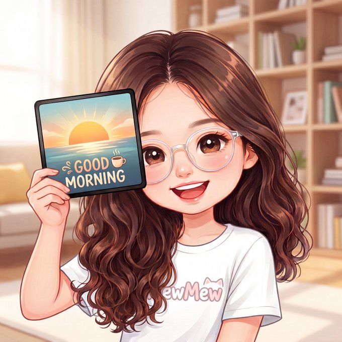 We need to write a concise 1-2 sentence caption describing what is in the image, include key text, numbers, tickers or names visible. Also note relation to accompanying post: "Can I get a GM? Hope everyone has an amazing day ahead, Let's make it count". The image shows a girl holding a tablet with "GOOD MORNING" and a coffee cup, sunrise. She has "ewMew" on shirt (maybe "CewMew"?). So caption: "A cheerful girl with glasses holds up a tablet displaying a sunrise and the text 'GOOD MORNING' with a coffee cup, while her shirt reads 'ewMew'." That's 1 sentence. Could add relation: "She shares a bright morning greeting, matching the post's wish for a great day." But need 1-2 sentences, include key text. Let's craft: "A smiling girl with glasses holds a tablet showing a sunrise