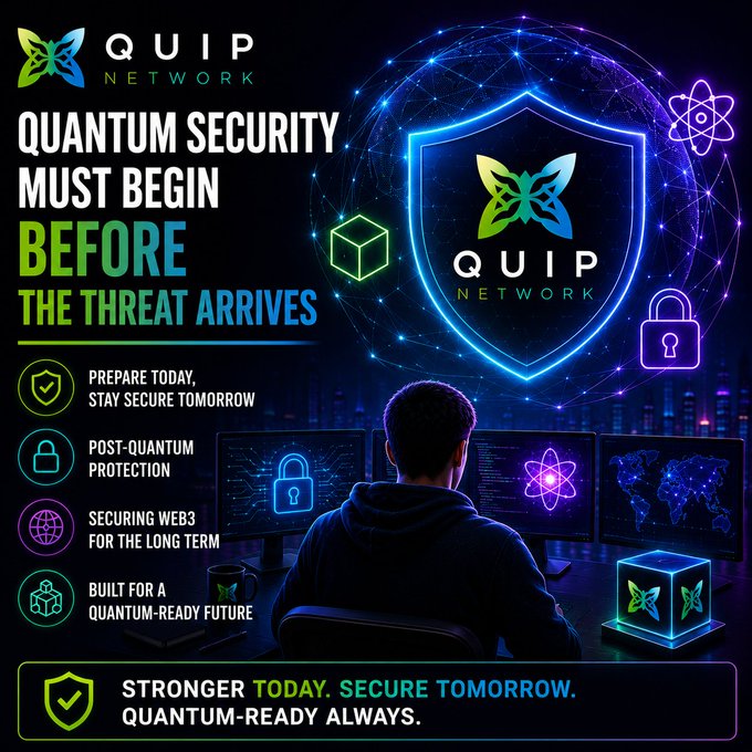 A marketing graphic for 'Quip Network' promotes post-quantum cybersecurity with the text 'Quantum Security Must Begin Before The Threat Arrives' and shows a person working at multiple computer monitors.