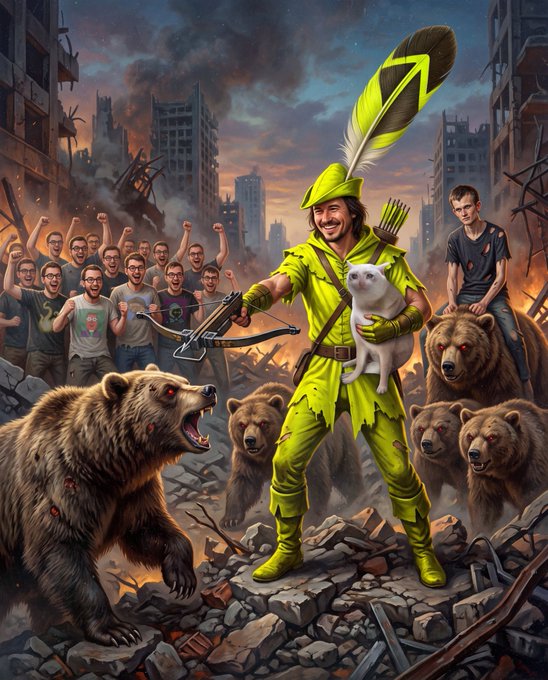 A dramatic digital artwork depicting a man dressed as Robin Hood in green attire, holding a white cat and a crossbow, standing among menacing red-eyed bears in a post-apocalyptic ruined city, while a cheering crowd watches from the background.
