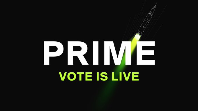 The image features bold white text "PRIME" with "VOTE IS LIVE" in green beneath it, set against a black background with a stylized rocket launching upward. The graphic serves as a call-to-action visual accompanying AlphaGrowth's announcement about additional changes to their proposal following discussions with the Cardano Foundation, signaling that the prime vote is now active and open for participation.