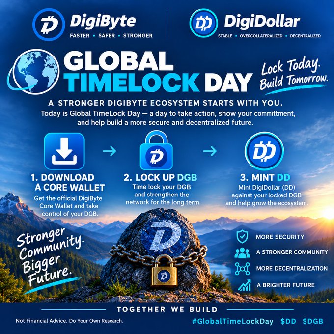 A promotional graphic for DigiByte and DigiDollar 'Global Timelock Day' outlining three steps: download a wallet, lock up DGB, and mint DD (DigiDollar), with the tagline 'Lock Today. Build Tomorrow.' and hashtags #GlobalTimeLockDay, $DD, $DGB.