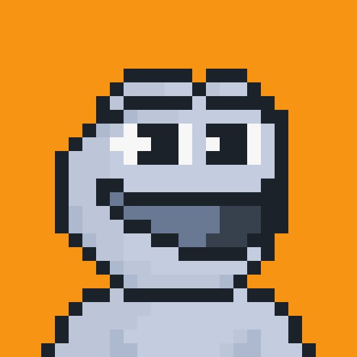 A pixel art character with a gray helmet/head, simple white eyes, and a dark mouth area, set against a solid orange background.