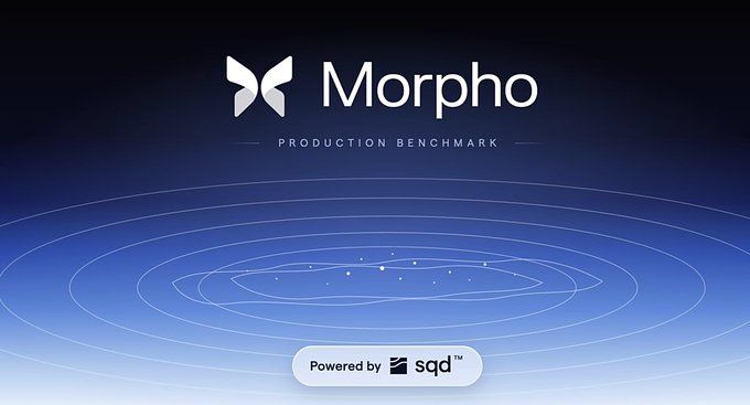 A branded benchmark graphic featuring the Morpho logo above the text "PRODUCTION BENCHMARK," with concentric blue rings suggesting performance or scale, and a "Powered by sqd" badge at the bottom—visually framing the post's claims about Morpho's SQD Portal outperforming competitors on data accuracy, speed, and stability.
