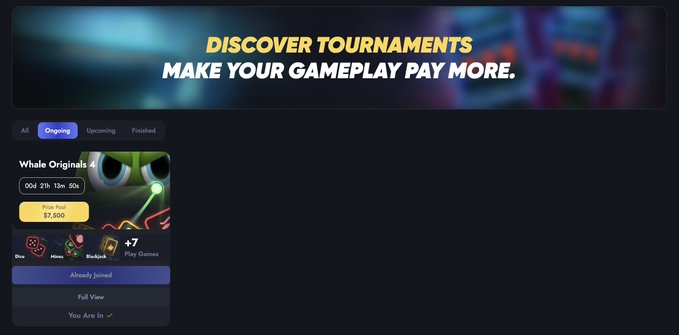 The image shows a "Discover Tournaments" page with the header "Make Your Gameplay Pay More," featuring only one visible "Ongoing" tournament called "Whale Originals" with a prize pool of $7,500 and 00d 21h 13m 50s remaining—aligning with the post's observation that the page looks empty, prompting followers to guess which new tournament will be launched next for a chance to win USDT.