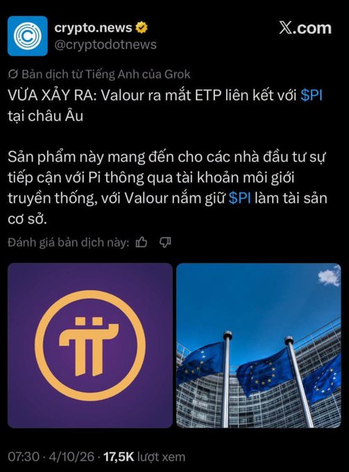 A screenshot of a crypto.news X.com post in Vietnamese announces that Valour has launched an ETP linked to $PI in Europe, featuring an image of EU flags in front of a building.