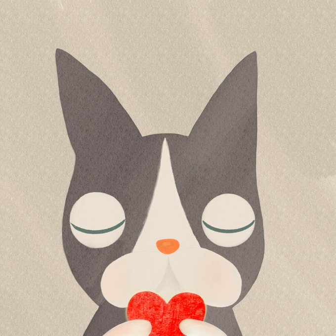 A paper-cut style illustration of a sleeping grey and white cat holding a red heart shape.