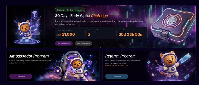 The image displays a promotional dashboard for the "30 Days Early Alpha Challenge" by mwx_ai, featuring a $1,000 total prize pool, 5 participants, and 30d 23h 56m remaining, alongside an Ambassador Program (20% recurring commission) and Referral Program sections.