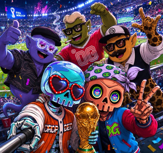The image features a group of cartoon characters posing together with a trophy, likely for an upcoming soccer competition or event like the World Cup. The characters include a skeleton, a robot, and other cartoon figures wearing sunglasses and holding a trophy. The text in the image reads "The World Cup starts in 1 week at OGT, we love creating experiences that bring people together, so we wanted to do something fun for the community while the biggest sporting event in the world unfolds". This suggests that the characters are participating in an online contest or sweepstakes related to soccer.