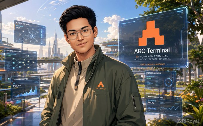 The image features a man standing confidently against a backdrop of futuristic cityscapes, surrounded by various abstract symbols. There are four other men present in the scene as well. The man wearing an orange jacket is located towards the center of the image, while another person can be seen on his left side and two others are placed to his right. 

The cities depicted include a tall tower in the distance, suggesting a modern urban setting. Additionally, there are five potted plants scattered throughout the scene, adding an element of nature to contrast with the man's futuristic attire. The overall impression of this image is one that feels immersive and captivating, possibly related to a discussion or presentation about cryptocurrency, cityscapes, or the future itself.