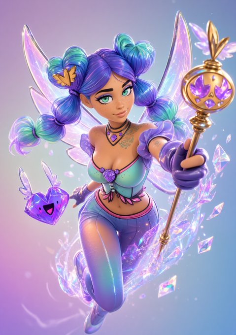 A 3D-styled illustration depicts a fairy character with purple and teal braided hair, crystalline wings, and a wand, accompanied by a small heart-shaped creature.