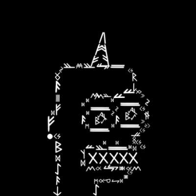 A black background featuring a white illustration of a candle made entirely out of different runic symbols and characters.