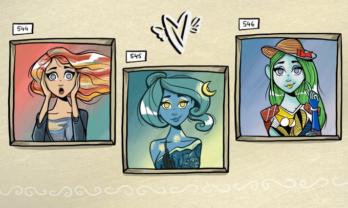 Three hand-drawn character portraits labeled 544, 545, and 546, featuring stylized figures with distinct hair colors and outfits, with a heart doodle between them.