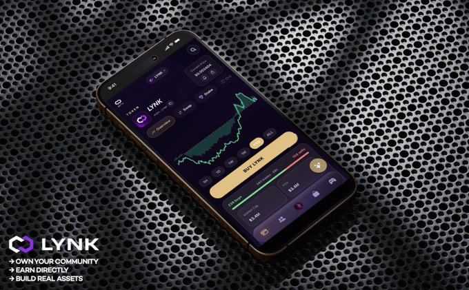 The image features a cell phone with an app icon displayed, which appears to be for Lynk. The phone is placed on a black surface, possibly a table or countertop. The phone's screen displays information about Lynk's beta testing process, including social media integration and wallet functionality.