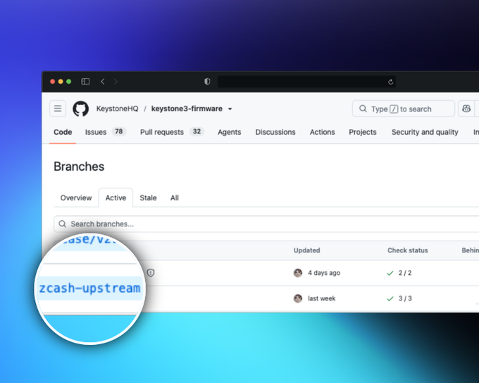 Screenshot of a GitHub repository page for KeystoneHQ/keystone3-firmware showing branches, with a magnifying glass highlight on the 'zcash-upstream' branch name.