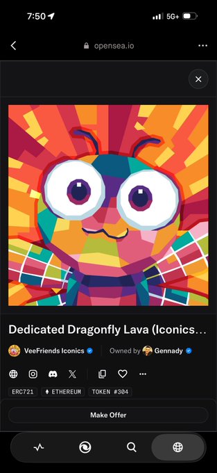 A mobile screenshot from opensea.io showing an NFT listing for 'Dedicated Dragonfly Lava (Iconics...)' from the VeeFriends Icons collection, owned by Gennady, on the Ethereum blockchain (Token #304).