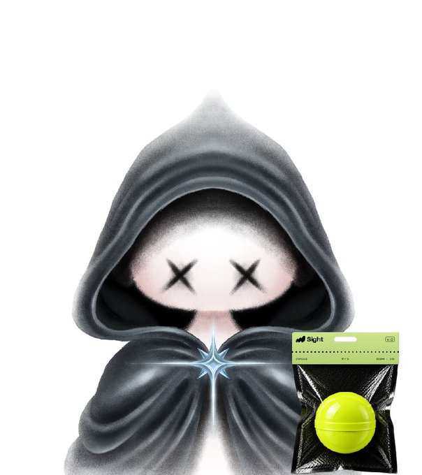 An artistic illustration of a hooded figure with X-shaped eyes holding a sparkling light, alongside a packaged $light product featuring a neon yellow ball.