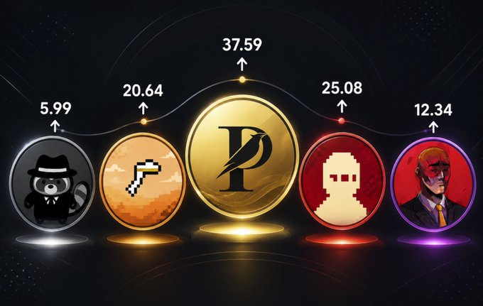 Promotional graphic showing five circular crypto-themed coin designs with values 5.99, 20.64, 37.59, 25.08, and 12.34 displayed above each, connected by a dotted line graph.