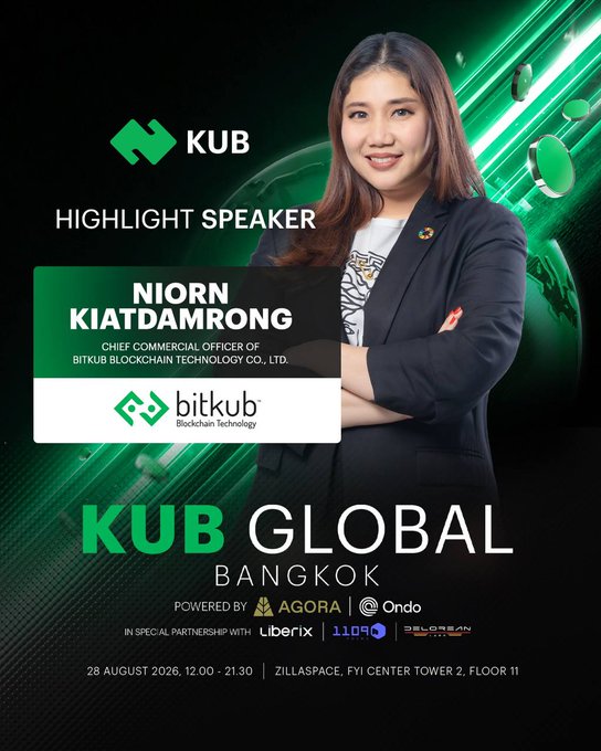 A promotional poster for 'KUB GLOBAL BANGKOK' event on 28 August 2026, featuring 'Highlight Speaker Niorn Kiatdamrong', Chief Commercial Officer of Bitkub Blockchain Technology Co., Ltd.