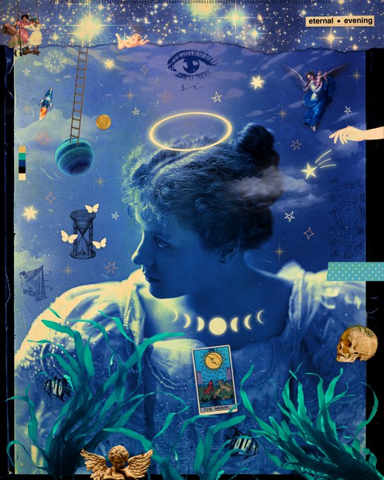 A surreal digital collage titled "eternal • evening" features a woman's profile against a starry blue background filled with angelic figures, a moon tarot card, a skull, and aquatic plants.