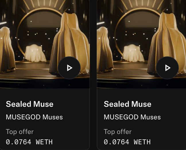 Two identical NFT listings for 'Sealed Muse' by MUSEGOD Muses, each showing a golden draped figure with a top offer of 0.0764 WETH.