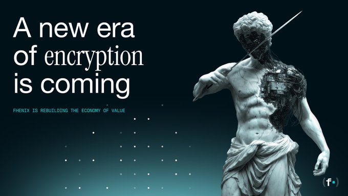 The image shows a classical statue of a swordsman being transformed with cybernetic/mechanical elements, with the text "A new era of encryption is coming" and "PHENIX IS REBUILDING THE ECONOMY OF VALUE" alongside a Fenix (Fn) ticker logo. The post's message about transitioning from public to shielded value movement visually echoes the statue's transformation—blending classical, exposed form with new encrypted, mechanical "shielded" technology, mirroring Phenix's evolution from transparent to privacy-focused encryption.