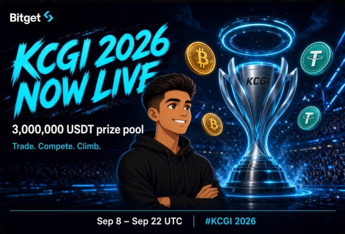 Bitget promotional banner for KCGI 2026 NOW LIVE, featuring a 3,000,000 USDT prize pool, with a cartoon character standing beside a glowing trophy surrounded by Bitcoin and Tether coins, running Sep 8 – Sep 22 UTC.