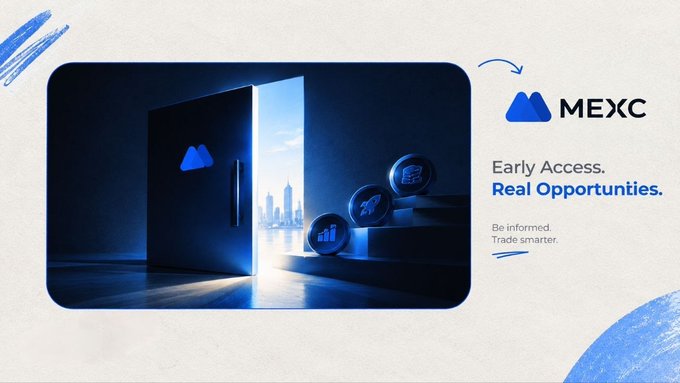 An advertisement for MEXC cryptocurrency exchange featuring an open door leading to a city skyline, with the tagline 'Early Access. Real Opportunities. Be informed. Trade smarter.'