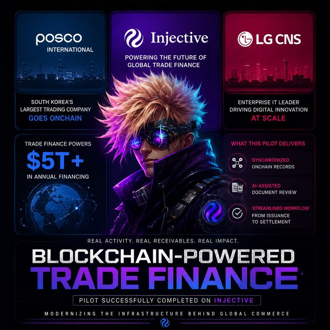 A promotional graphic announces 'BLOCKCHAIN-POWERED TRADE FINANCE' with logos for POSCO International, Injective, and LG CNS, noting 'TRADE FINANCE POWERS $5T+ IN ANNUAL FINANCING'.