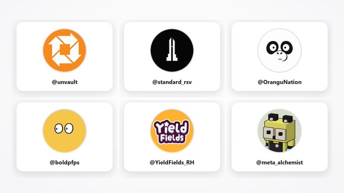 Grid of six social media handles/logo images: @unvault, @standard_rsv, @OranguNation, @boldfps, @YieldFields_RH, and @meta_alchemist, displayed on white card tiles.