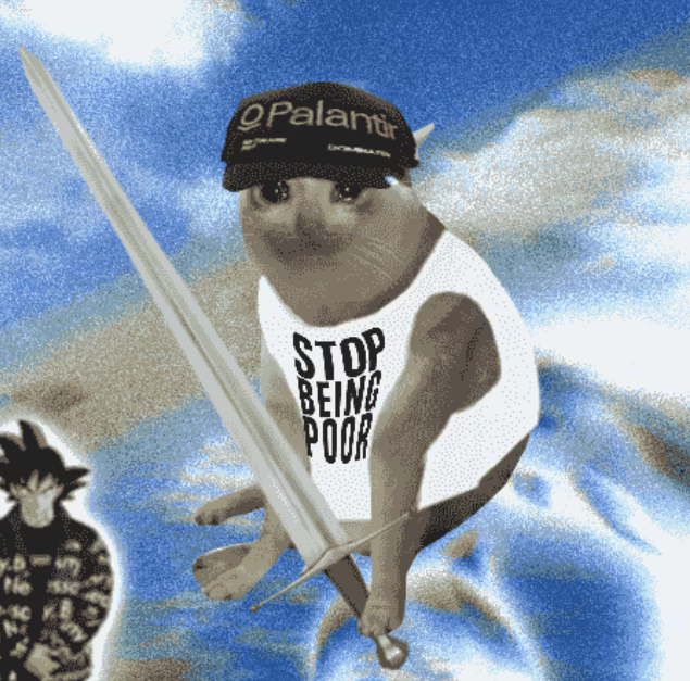 The image shows an anthropomorphic cat wearing a "Palantir" cap and a "STOP BEING POOR" tank top while wielding a sword against a cloudy sky backdrop, humorously symbolizing aggressive bullish conviction on $PLTR as the user boasts "$CashCat over 100m again."