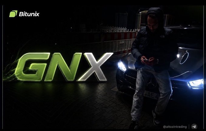 A man in a dark hooded jacket stands beside a black car at night, looking down at his phone, with glowing "GNX" lettering and the "Bitunix" logo prominently displayed, reinforcing the post's message of staying focused on one's own convictions rather than being swayed by the noisy, ever-flipping sentiment of Crypto Twitter.