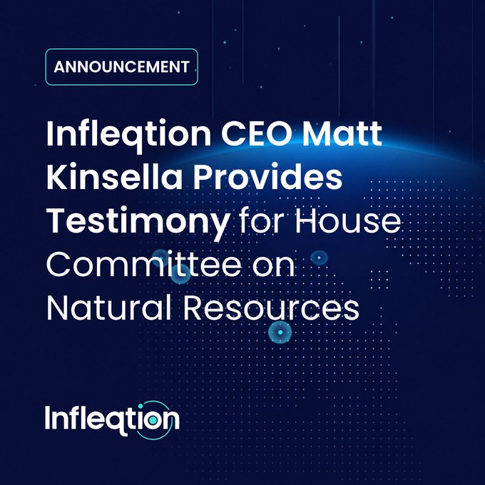 This graphic announces that Infleqtion CEO Matt Kinsella will provide testimony for the House Committee on Natural Resources. The accompanying post expresses excitement to tune in to this event.