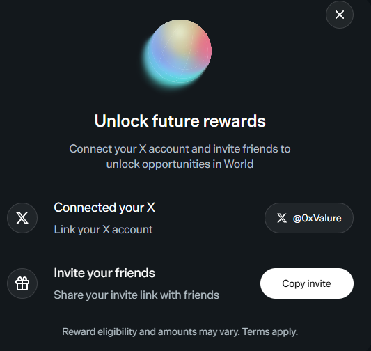 A screenshot of a 'Unlock future rewards' prompt connecting an X account (@0xValue) with an invite link to friends.