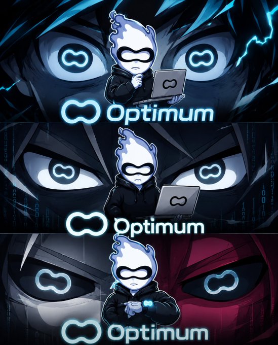 Three stacked images featuring the 'Optimum' mascot (a white figure in a hoodie with a laptop) set against dark anime-style eyes with glowing blue infinity symbols.