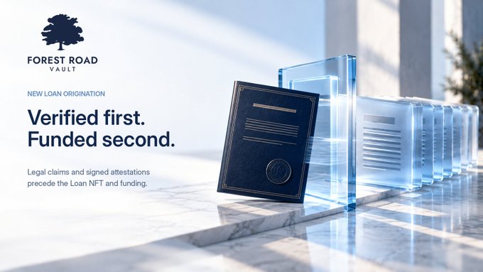 A marketing banner for 'FOREST ROAD VAULT' with the text 'NEW LOAN ORIGINATION' and 'Verified first. Funded second. Legal claims and signed attestations precede the Loan NFT and funding.' The graphic shows a dark leather document portfolio and translucent blue glass-like document holders on a marble surface.