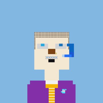 A pixel art illustration of a character with a checkered patterned scalp, blue eyes, a mustache, and a blue headset, wearing a purple jacket with a yellow striped tie against a light blue background.