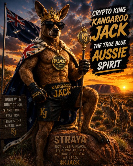The image features a cartoon kangaroo wearing sunglasses, holding a sword and shield, and standing atop a rock with an Australian flag behind him. The text on the poster reads "Crypto King Jack the true blue Australian spirit" and includes a quote about the importance of real-life connections.