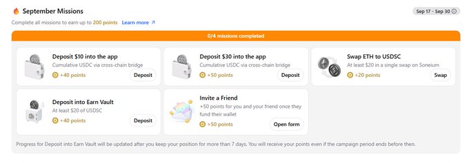 A "September Missions" interface shows 6/4 missions completed, including tasks like "Deposit $10 into the app," "Deposit $30 into the app," "Swap ETH to USDC," "Deposit into Earn Vault," and "Invite a Friend."