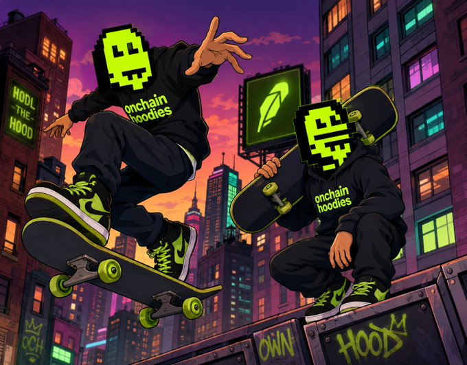 A vibrant digital illustration of two pixel-headed characters in 'onchain hoodies' performing skateboard tricks in a neon-lit cityscape with graffiti like 'HODL THE HOOD' and 'OWN HOOD'.