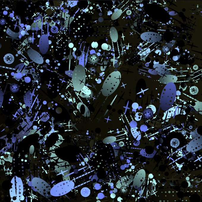 An abstract digital artwork with a dark background filled with scattered purple, blue, and pale green shapes including circles, crosses, and elongated forms, with a faint central face-like shape.