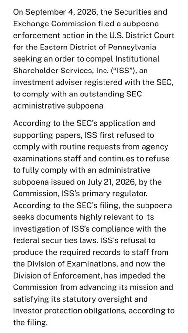 The image displays a text excerpt about the SEC filing a subpoena enforcement action on September 4, 2026, against Institutional Shareholder Services, Inc. (ISS) in the U.S. District Court for the Eastern District of Pennsylvania. It details that ISS refused to comply with an administrative subpoena issued on July 21, 2026, and that the SEC claims this refusal is impeding its investor protection mission.