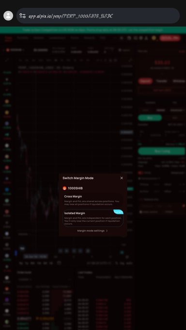 A screenshot of the Alpix DEX interface showing a "Switch Margin Mode" popup for the 1000SHIB trading pair, displaying options for "Cross Margin" and "Isolated Margin" with Isolated Margin selected. The popup explains that margin and PnL are independent in cross margin but isolated margin limits risk to the position's own collateral, aligning with the post about switching a 1000SHIB position to isolated margin mode.