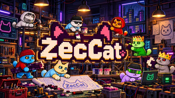 Vibrant, pixel-art style illustration featuring the text 'ZecCat' in the center, surrounded by various cartoon cats in a cluttered, neon-lit workshop or laboratory setting.