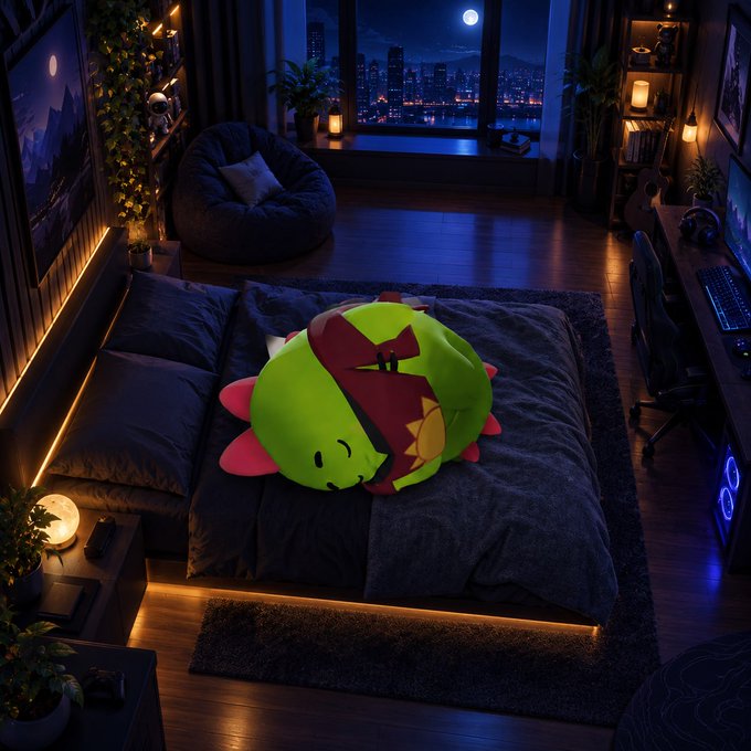 A dimly lit bedroom at night features a large bed with dark bedding and a large green dinosaur-shaped plush pillow in the center, illuminated by warm ambient lighting and a glowing window view of a city skyline.