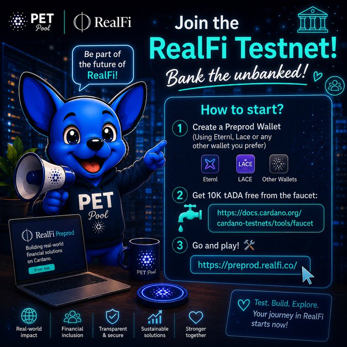 Promotional flyer for the RealFi Testnet on Cardano featuring a blue dog mascot with 'PET Pool' and 'RealFi' branding, with instructions to create a wallet, get test ADA, and participate.