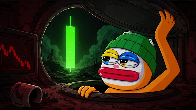 A Pepe-style cartoon frog wearing a green beanie emerges from a sewer manhole, while a green Ethereum logo and a red downward-trending price chart appear in the background.