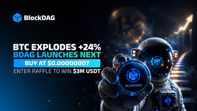 An astronaut holds a glowing "BlockDAG" coin in front of a Bitcoin-themed cosmic backdrop, with promotional text reading "BTC EXPLODES +24%, BDAG LAUNCHES NEXT—BUY AT $0.00000007, ENTER RAFFLE TO WIN $3M USDT." The image visually reinforces the post's narrative of a bullish crypto surge and BlockDAG's upcoming launch tied to Bitcoin's record-breaking performance.