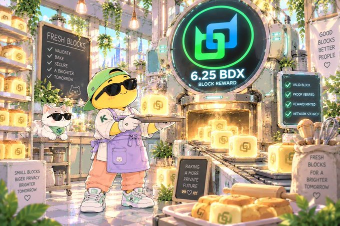 An animated illustration of a yellow mascot character in a bakery setting holding a tray of bread, with signs reading 'FRESH BLOCKS', '6.25 BDX BLOCK REWARD', and 'GOOD BLOCKS BETTER PEOPLE', alongside lists about block validation.