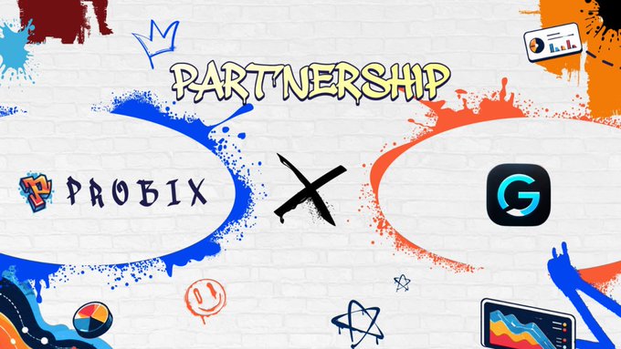 A graffiti-style promotional banner announces a partnership between "PROBIX" and "GXT Exchange," with the word "PARTNERSHIP" prominently displayed at the top and the two brand logos connected by an "X" symbol amid colorful paint splatters on a white brick background, visually reinforcing the collaboration highlighted in the accompanying post about combining smarter trading insights with data-driven prediction intelligence.