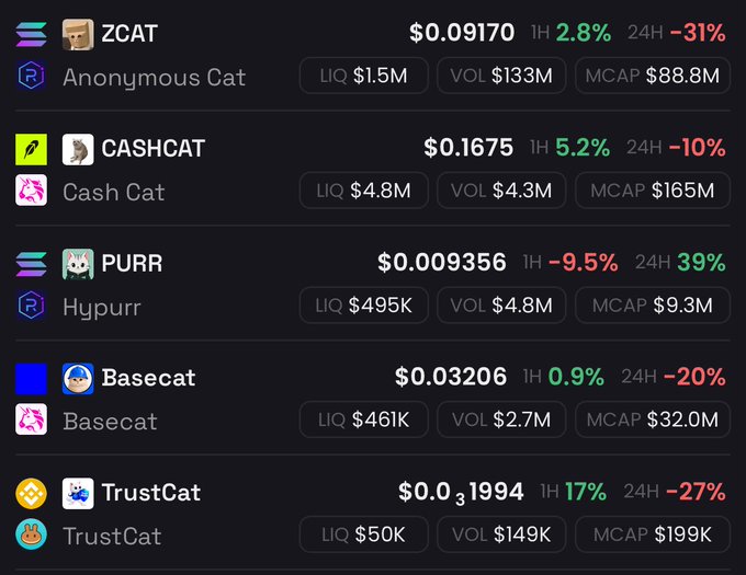 A cryptocurrency tracker displaying meme coins including ZCAT ($0.09170, -31% 24H), CASHCAT ($0.1675, -10%), PURR ($0.009356, +39%), Basecat ($0.03206, -20%), and TrustCat ($0.031994, -27%) with their liquidity, volume, and market cap data.